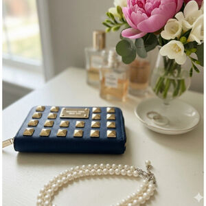 Michael Kors Navy and Gold Studded Grayson Wristlet Small Clutch